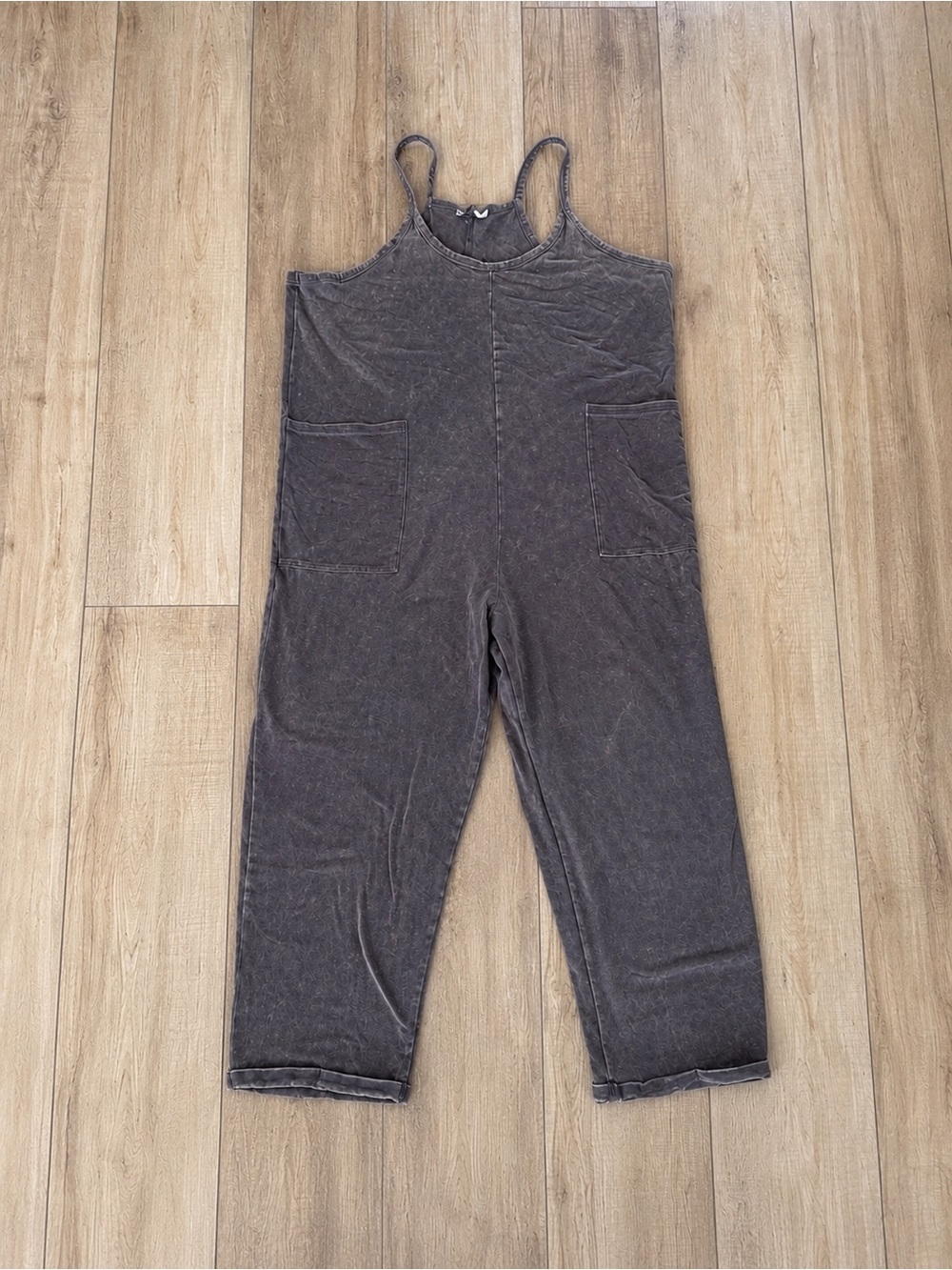 Zenana Mineral Wash Spaghetti Strap Jumpsuit Overall Romper Size L/XL Brown Acid - Picture 2 of 8